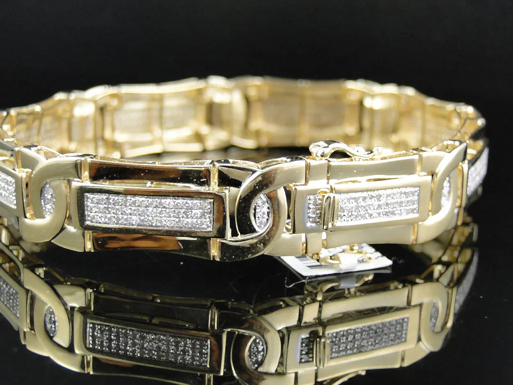 Gold 3 Inch 14K Ct Cut Pave Genuine Bracelet Diamond Yellow Round Mens 8.5 Set