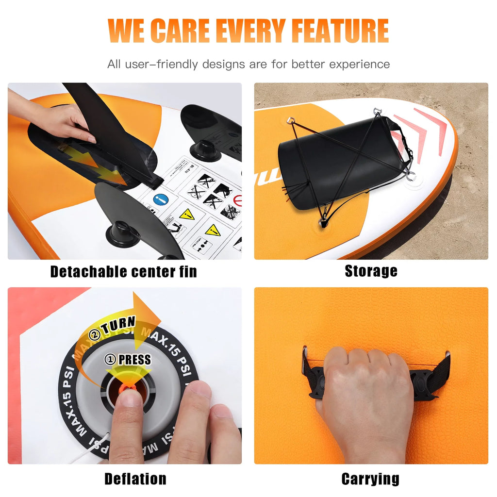 SUP/ & Control, Non-Slip Boat-Orange Adult Bottom Standing Surf Famistar Up Stand 10' Wide 3 Deck Board Inflatable Pins | Stance, Paddle Paddling, (6"Thick) with Fin for |Youth