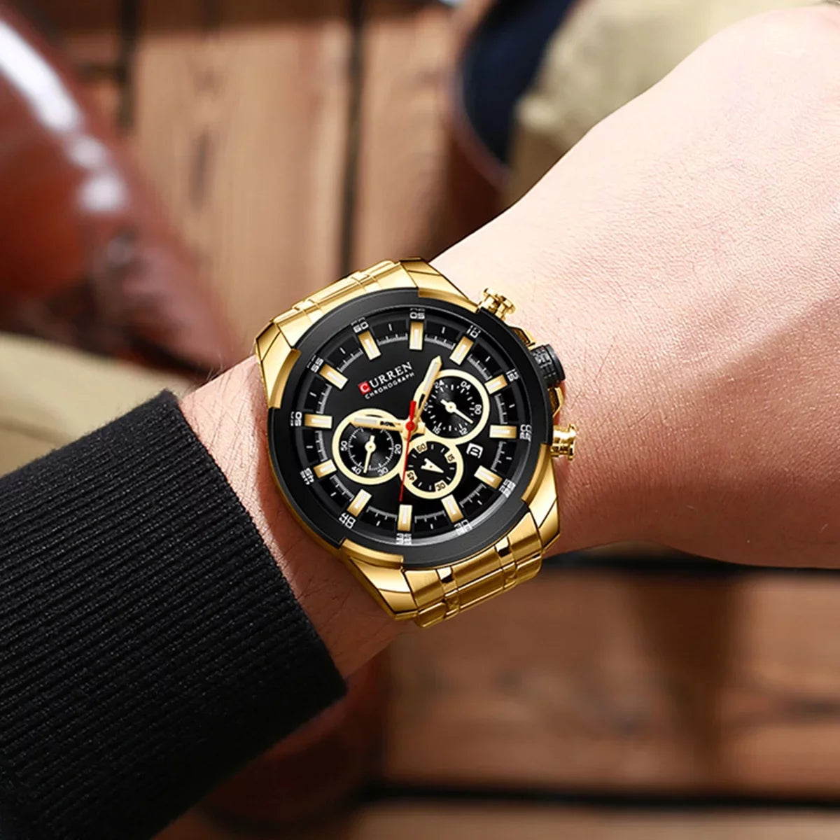Stra Indicator Quartz Wristwatch Waterproof Male Hands with 8361 Man Chronograph Sub-Dials Three Luminous Date CURREN Watch for Second Minute Microsecond Watches Calendar Stainless Men Steel