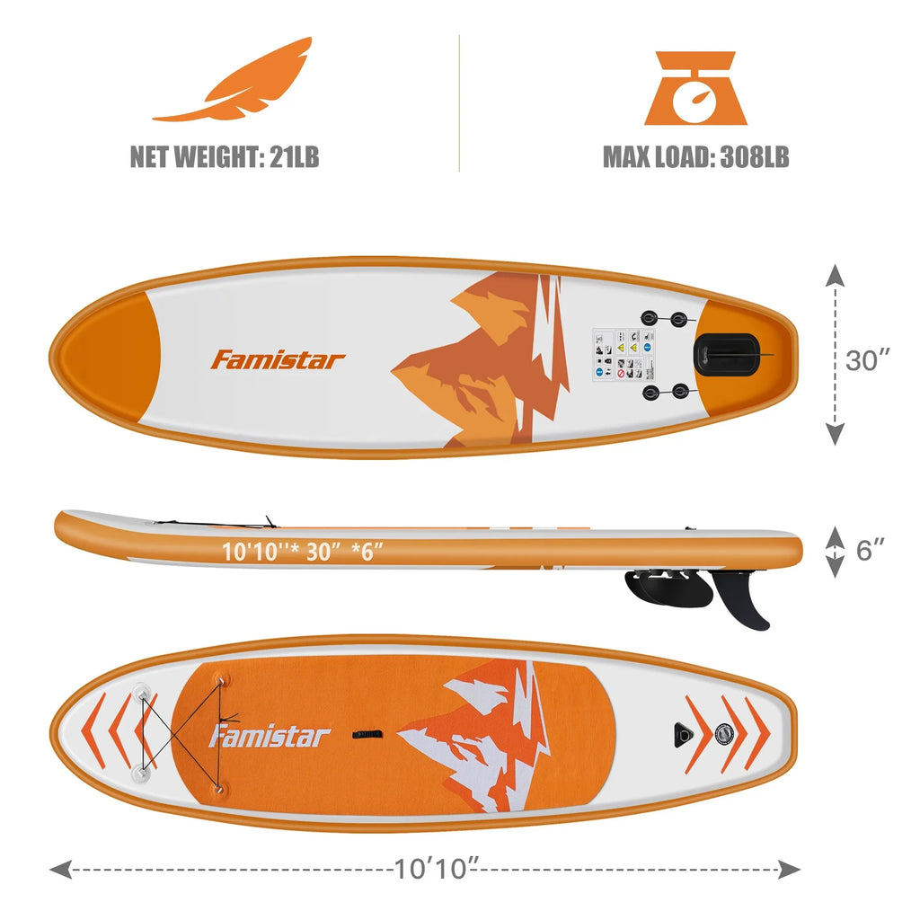 SUP/ & Control, Non-Slip Boat-Orange Adult Bottom Standing Surf Famistar Up Stand 10' Wide 3 Deck Board Inflatable Pins | Stance, Paddle Paddling, (6"Thick) with Fin for |Youth