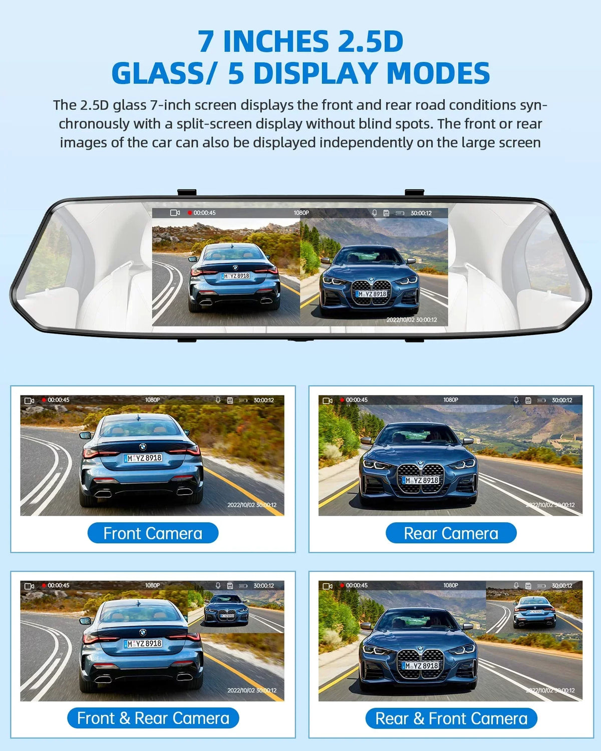 Dash Mirror Motion Camera G-Sensor Infrared Dual Touch Cam TOGUARD 7" and Dash 1080P Detection, Front Night Rear, Screen, IPS Vision,