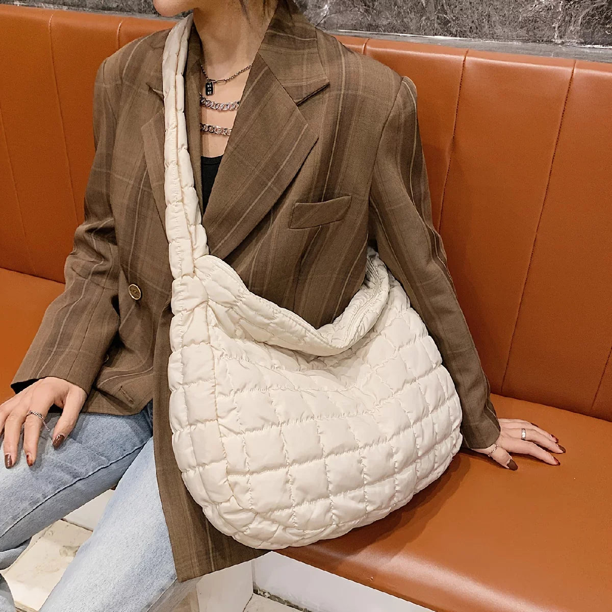 For Crossbody Capacity Argyle Shoulder Junior Hobo Work Large Cotton Quilted Tote Filled Bag Tote, Padded Quilted Bag,