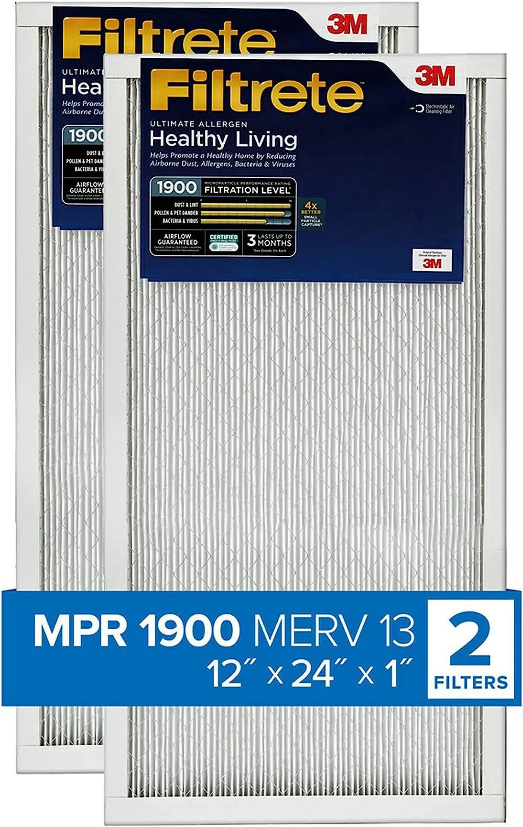 Filters, 3-Month 12x24x1 Filtrete Filter, Allergen Pleated Healthy Ultimate 2 Air MPR 1-Inch Air Living 1900, 13, Filters MERV