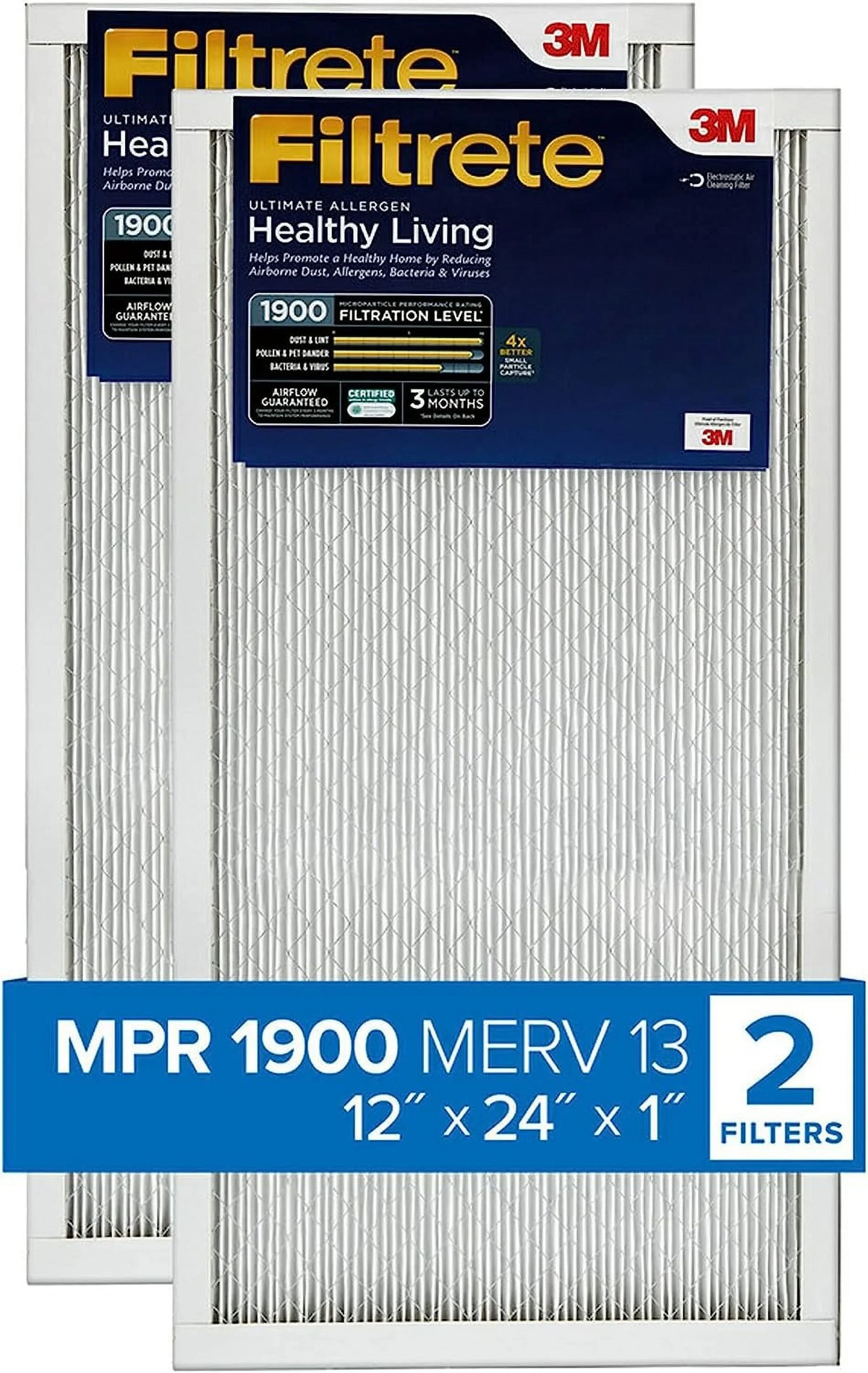 Filters, 3-Month 12x24x1 Filtrete Filter, Allergen Pleated Healthy Ultimate 2 Air MPR 1-Inch Air Living 1900, 13, Filters MERV