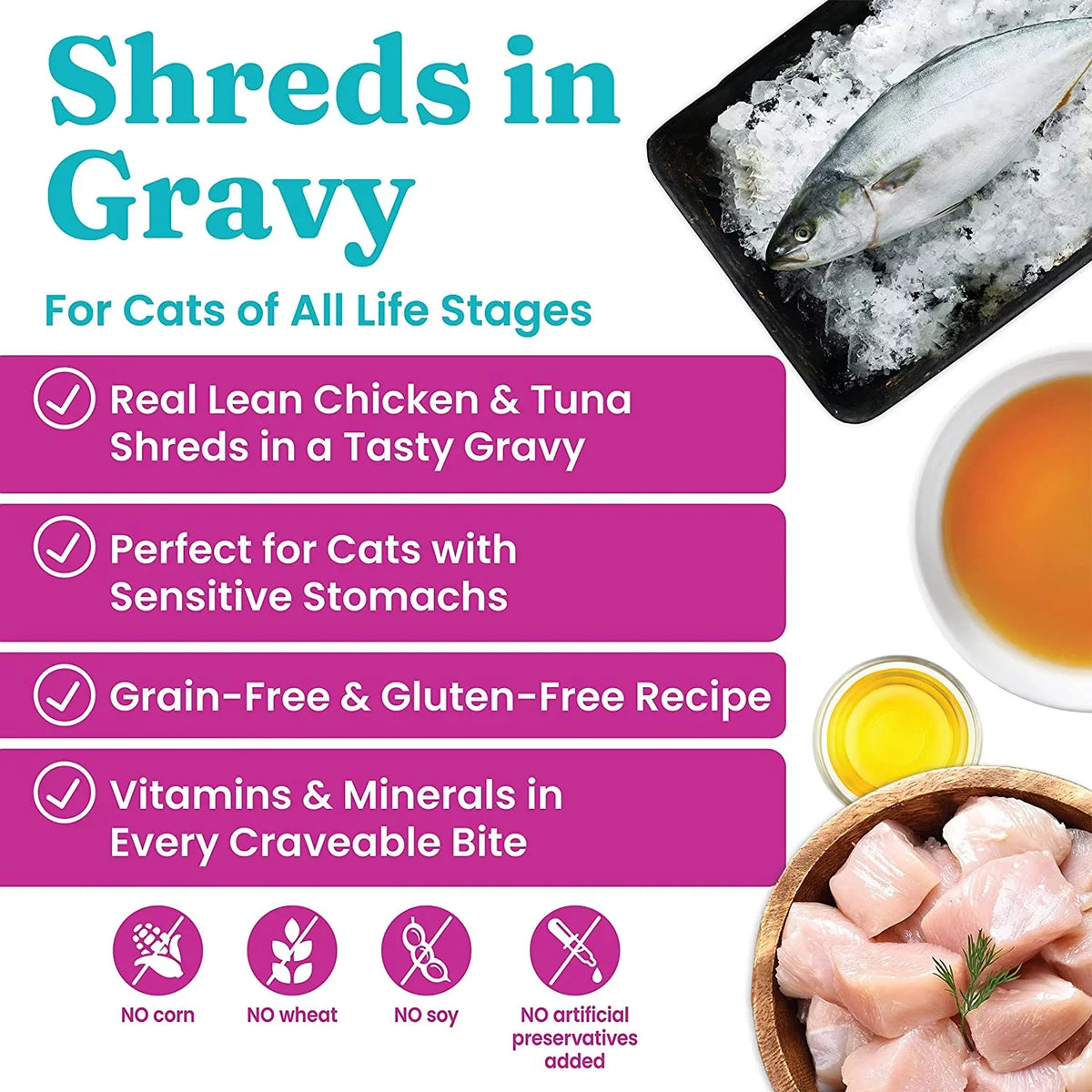 Nature's Wet Support Gluten Health Tuna & Shreds Grain Free Sensitive Gold Wet in for & Cat - - & - Canned Digestive Food Pack with Gravy Chicken Harmony Cat Food 24 Solid Real Food Stomach Made Cat