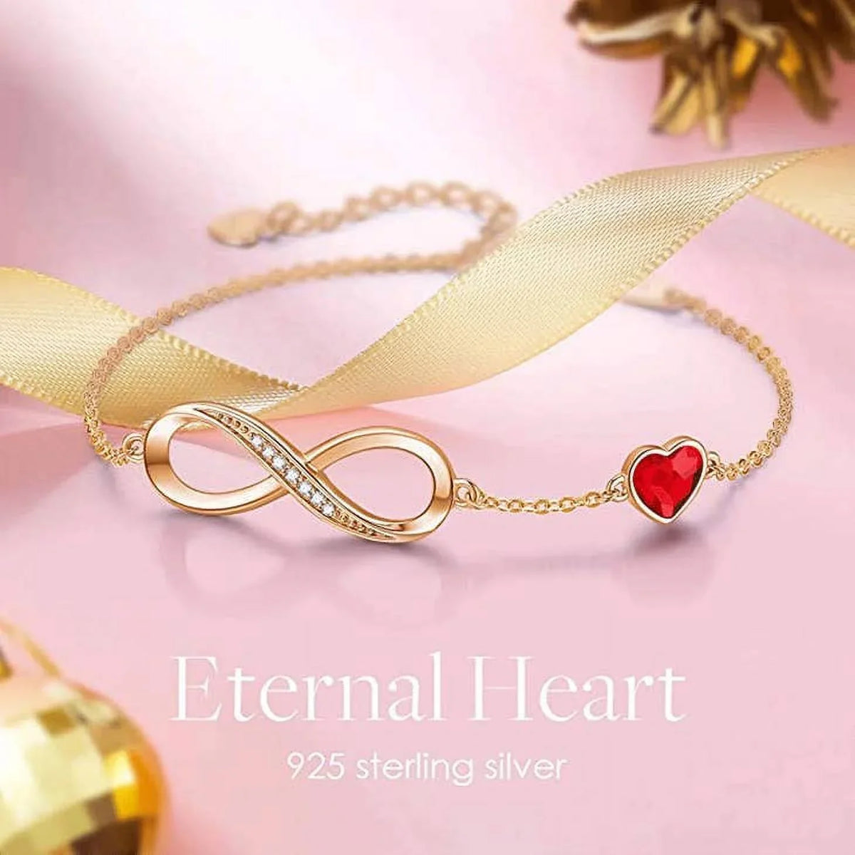 Rose Infinity Silver Sterling Gold 925 Bracelet Crystal Red