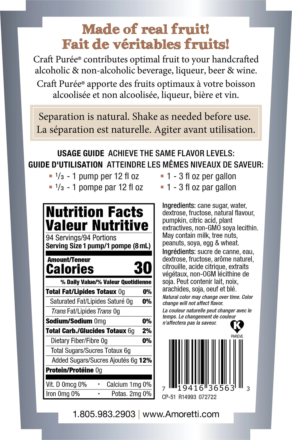 '- No Pumpkin Pasteurized and - Fruit, Super Preservatives, Brewing, Puree® for Amoretti Craft Filtered, Perfect Made other Beverages, Fully of 750 Concentrated, Spice Real Cocktails, ml