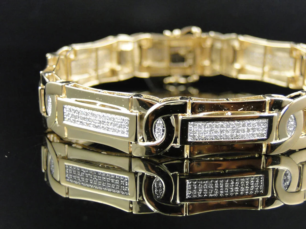 Gold 3 Inch 14K Ct Cut Pave Genuine Bracelet Diamond Yellow Round Mens 8.5 Set