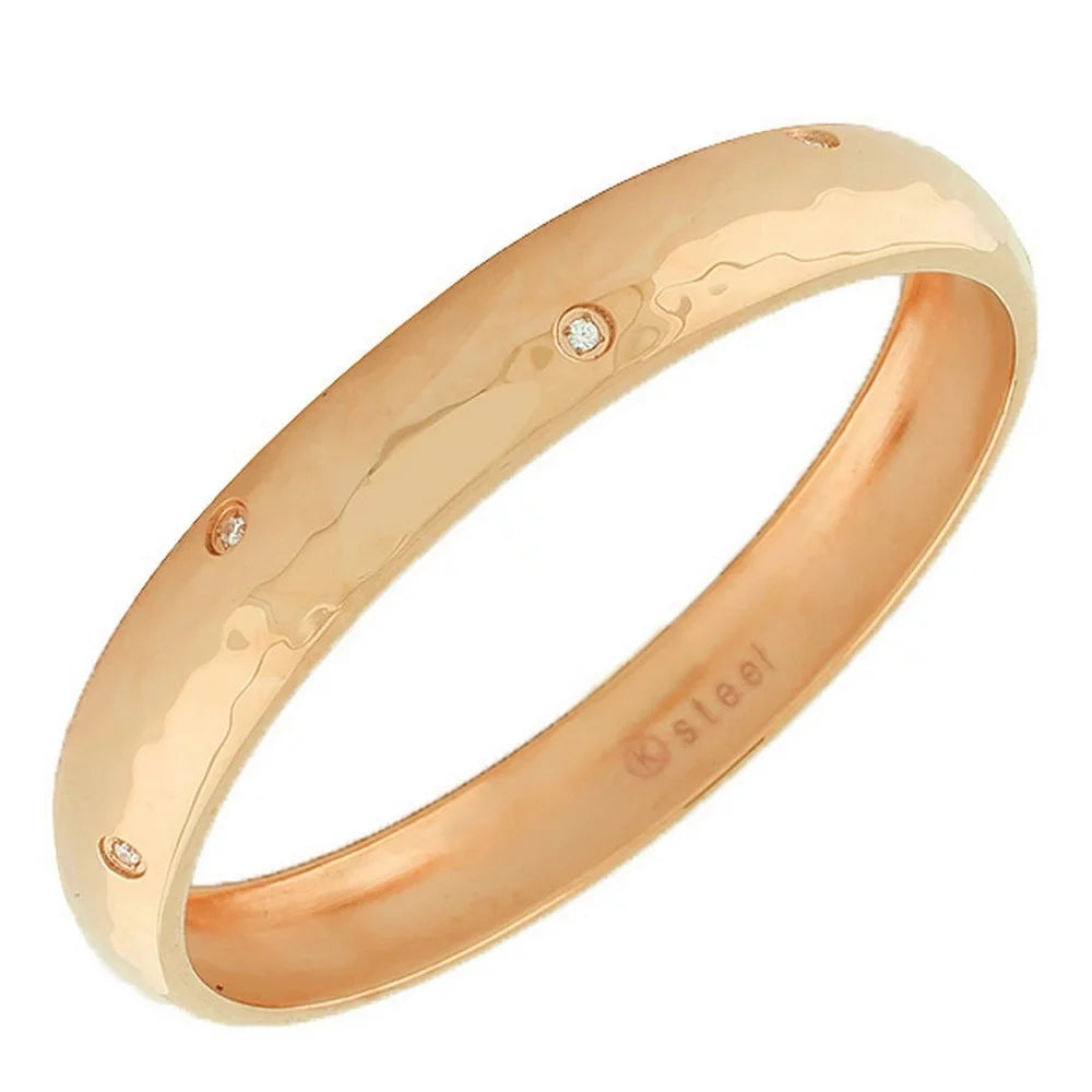 Stainless Rose Finish Steel White Bangle Bracelet CZ Hammered Gold-Tone