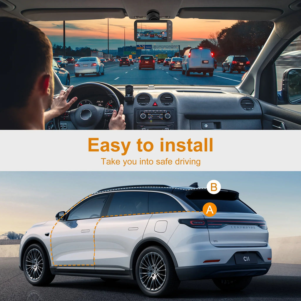 with and Loop WiFi For 3'' and Night GCZ 4K IPS 24H Dashcam HD Touchscreen GPS, Dash Rear Vision, with G-Sensor, Front Full Cam and and Parking Recording Mode Car