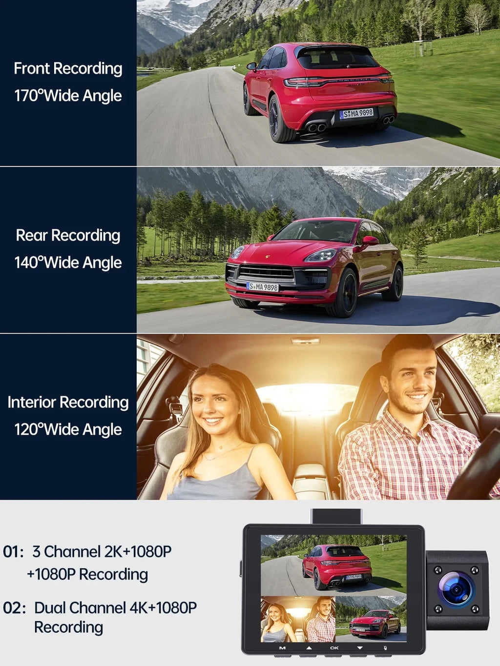 Car Dashcam with Front 2K+1080P+1080P and Monitor Camera Camera, Dash IR 3 Night Vision, 4K+1080P Dash WDR,G-Sensor, Rear Inside, 4K Parking Channel Triple Cam TOGUARD