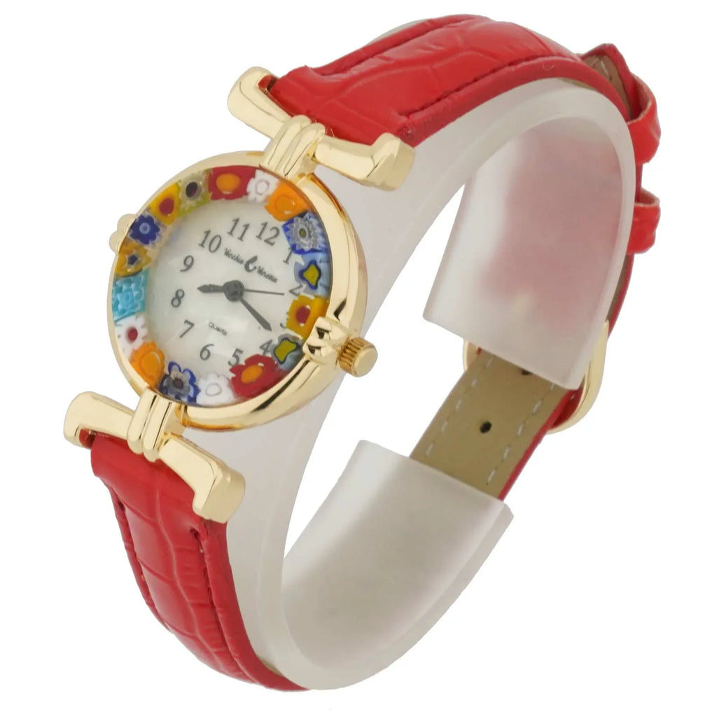 Murano - GlassOfVenice with Leather Glass Millefiori Multicolor Band Watch Red