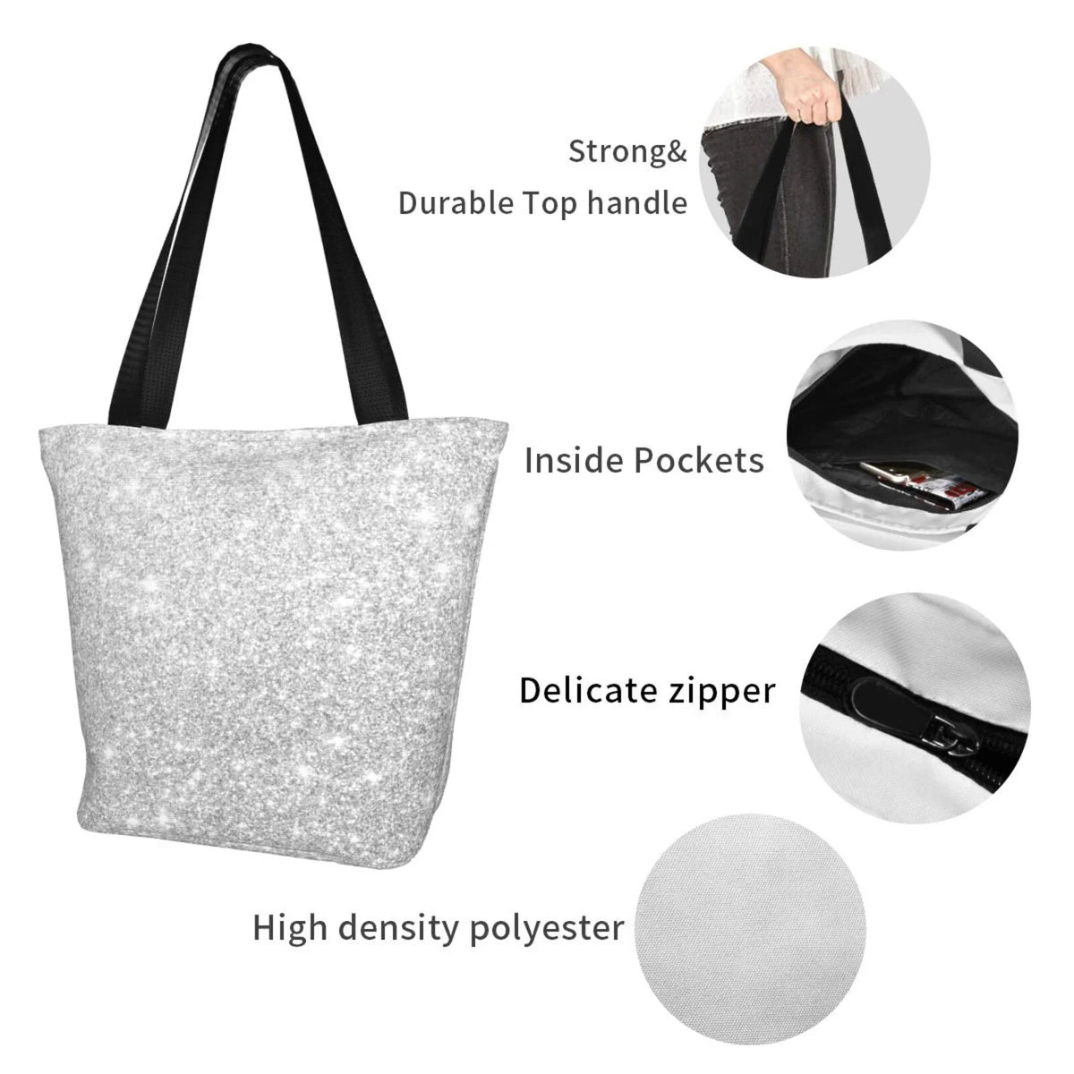 Glitter Women Handbag Tote Bag Bingfone Silver Casual Shoulder Shopping Ladies Bags