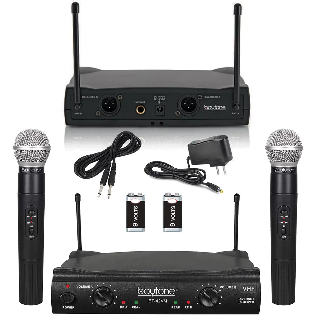 Dual BT-42VM VHF Mic System - Transmitter Receiver, Carrying DJ, Fixed Dual for Wireless Dynamic Boytone Karaoke, Wireless Handheld Channel Mics, Conference, Microphone Frequency 2 Church, Cases