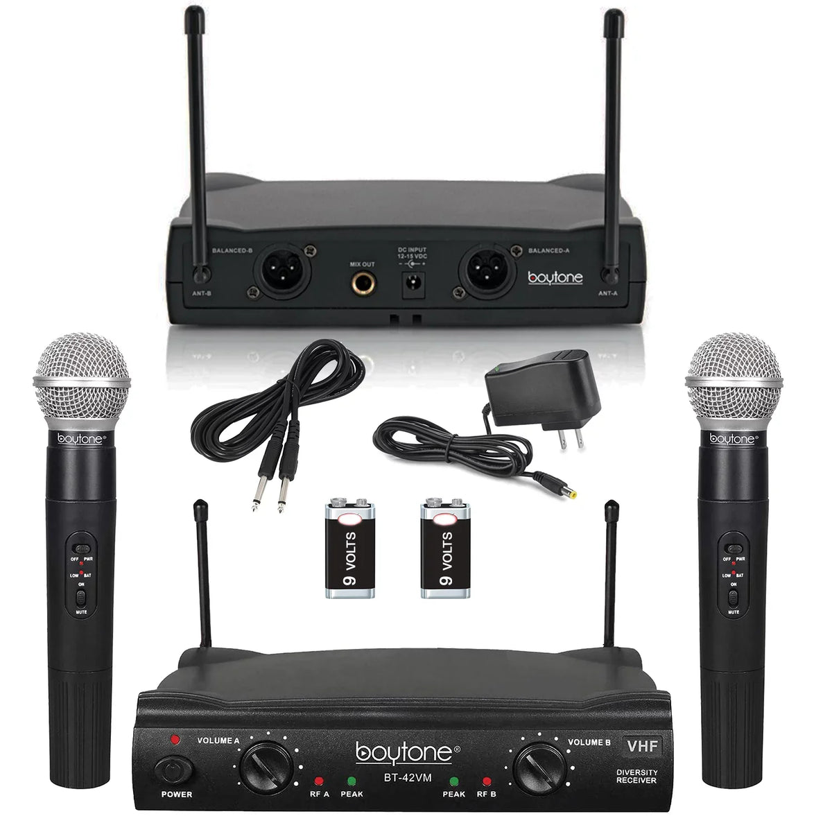 Dual BT-42VM VHF Mic System - Transmitter Receiver, Carrying DJ, Fixed Dual for Wireless Dynamic Boytone Karaoke, Wireless Handheld Channel Mics, Conference, Microphone Frequency 2 Church, Cases