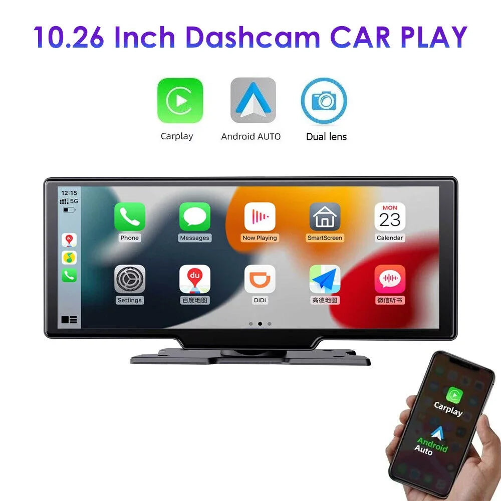 and Carplay 2K Car - WIFI Stunning 10.26'' Dash DVR Touch Resolution Android Screen Smart KingFurt Auto Camera Compatibility Wireless