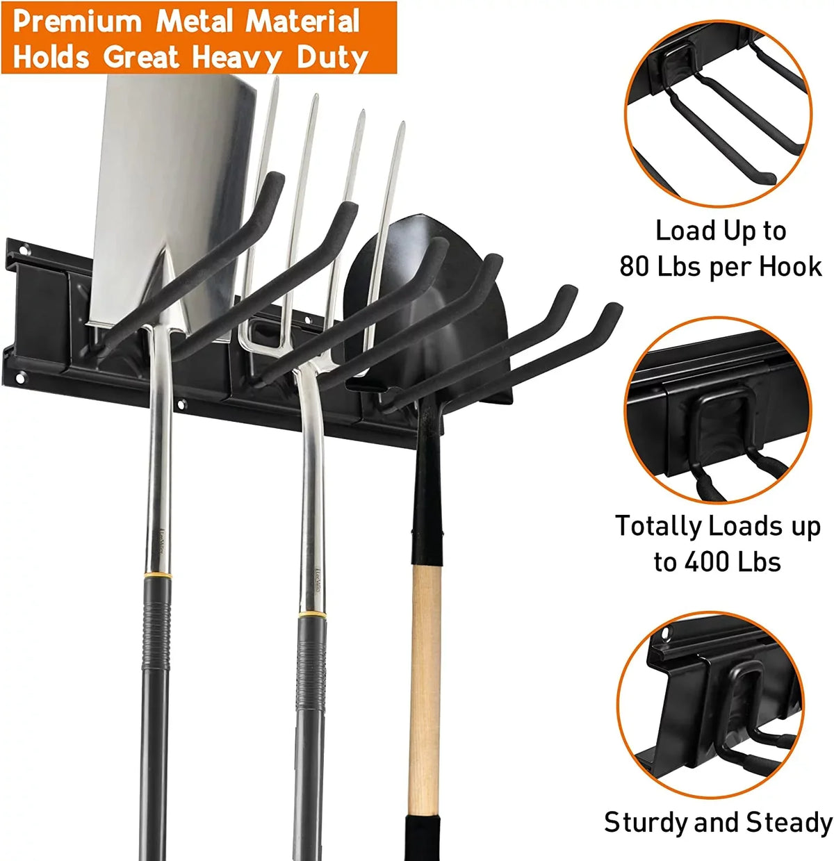 6 Mount Hooks, Metal Wall Garage Tool Heavy for Yard Holder Garden Duty Organizer Garage Racks Tools