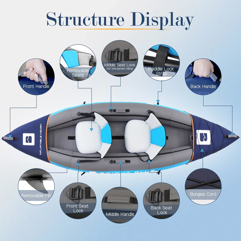 Inflatable White Paddles,Hand Persons Kayak with Water sit-on 1-2 BLUE BRIGHT Touring Paddling Pump,Backpack,Fins