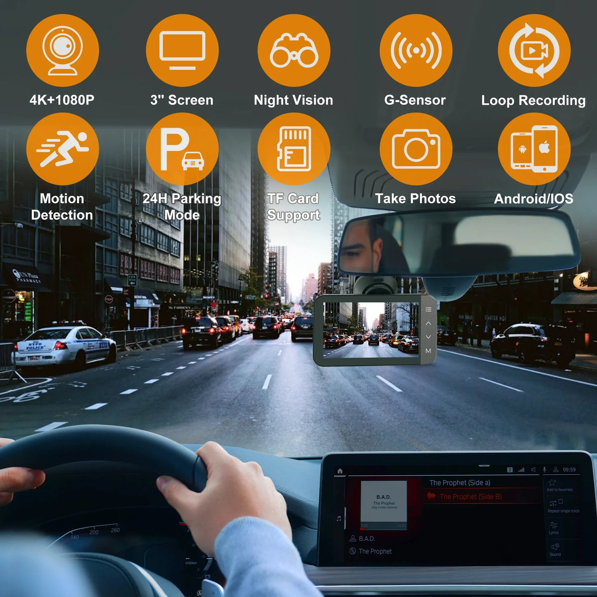 with and Loop WiFi For 3'' and Night GCZ 4K IPS 24H Dashcam HD Touchscreen GPS, Dash Rear Vision, with G-Sensor, Front Full Cam and and Parking Recording Mode Car