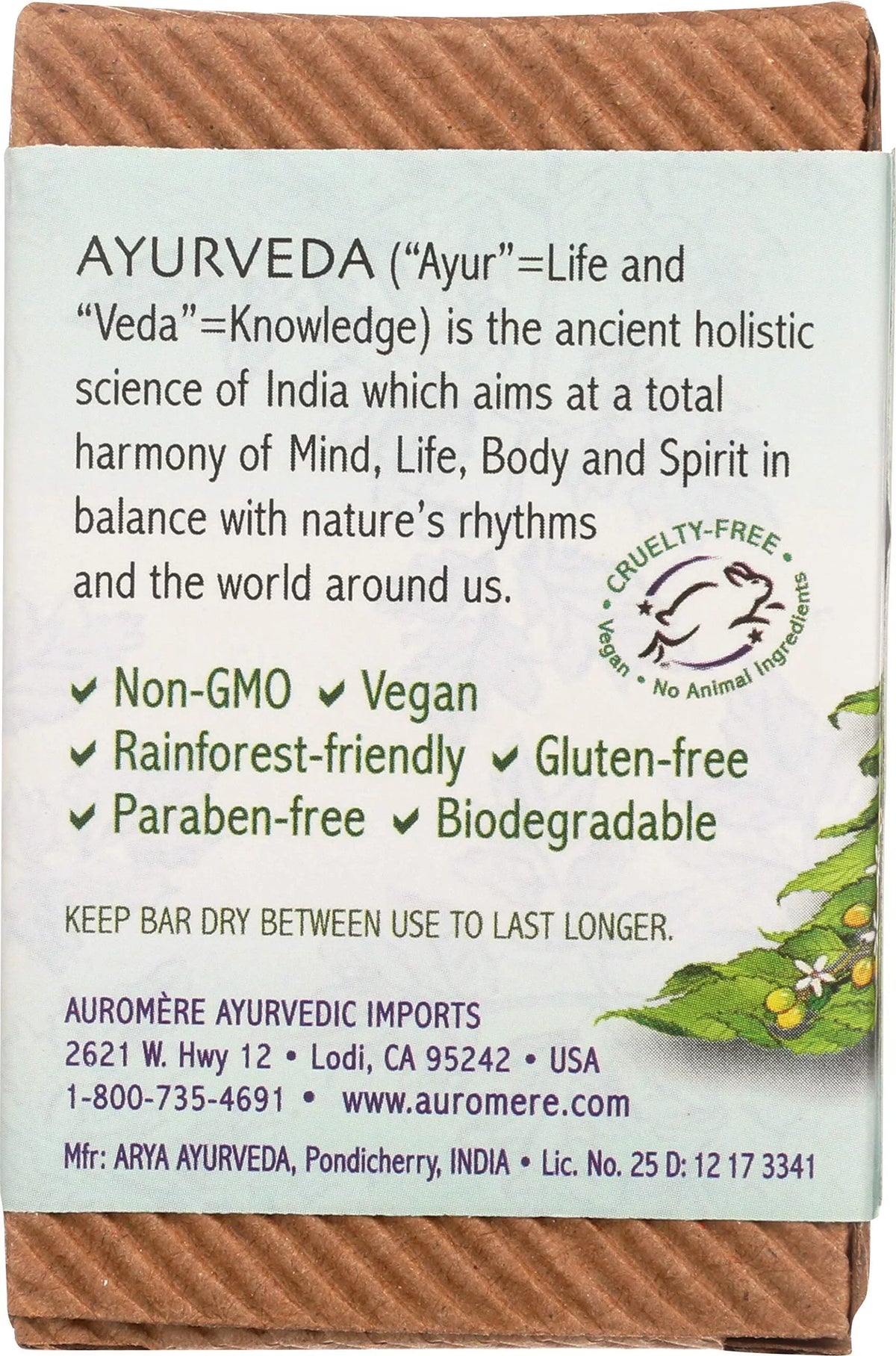 Natural, Free, Vegan, Auromere Bar Friendly, Handmade, Cruelty Pack. - 4 Tulsi Oz), Neem Gmo Eco (2.75 Non Soap, Ayurvedic