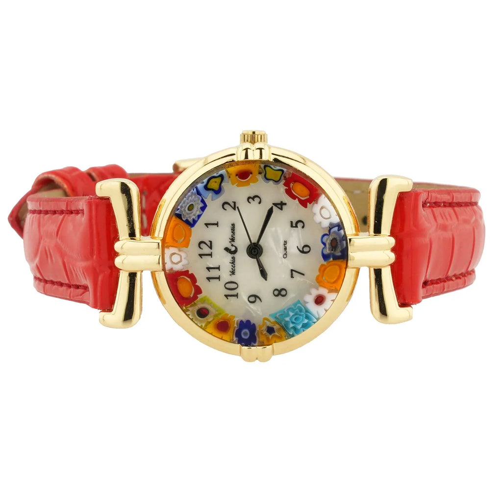 Murano - GlassOfVenice with Leather Glass Millefiori Multicolor Band Watch Red