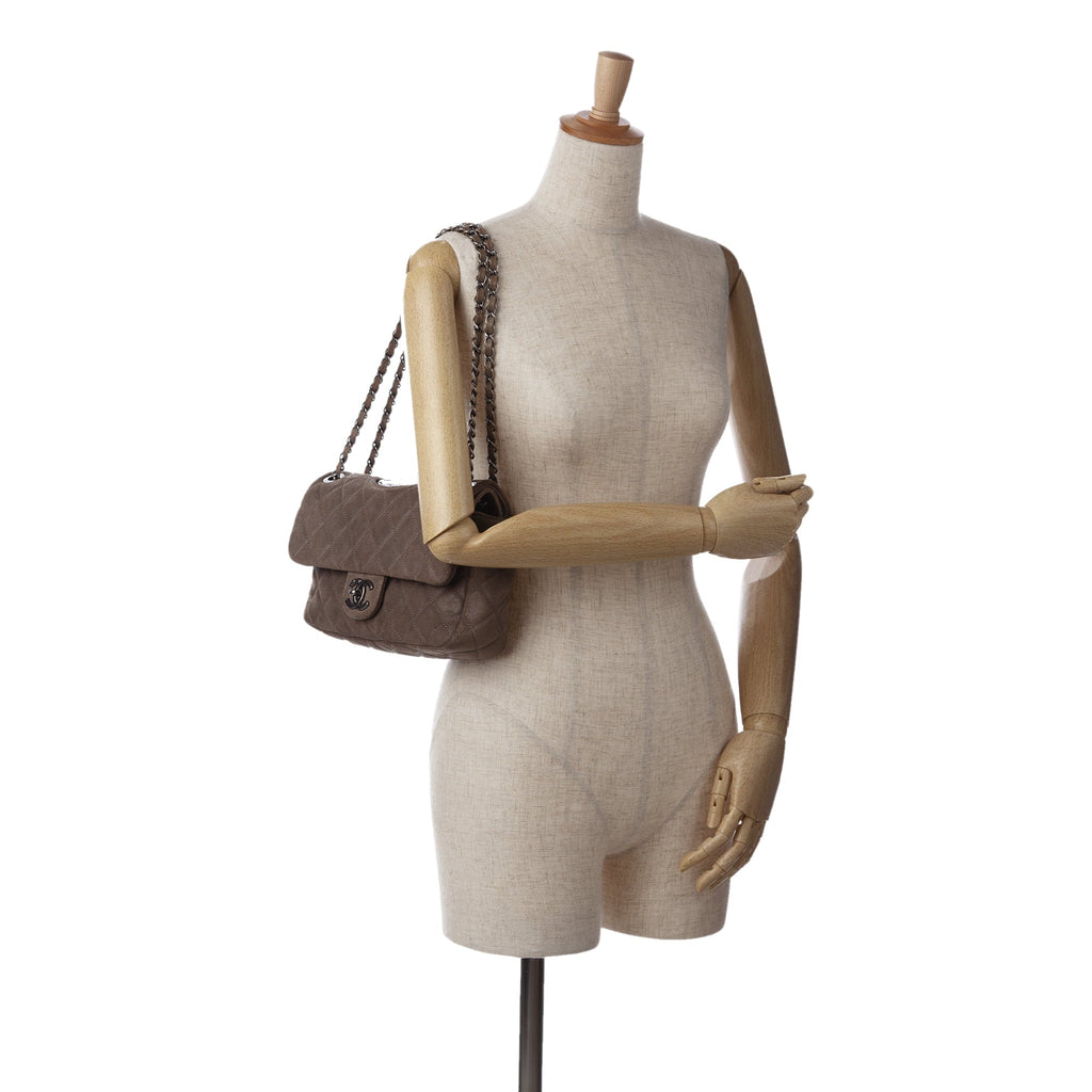 Bag Flap Unisex Suede Authenticated Small Shoulder Leather Double Classic Brown Pre-Owned Chanel