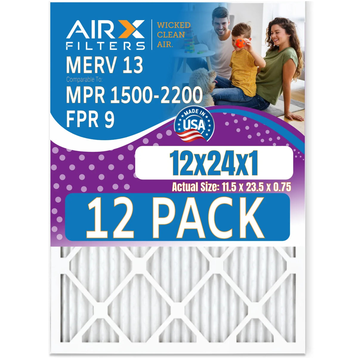 FILTERS - & - by 12 Filters Pack AIR. USA MERV AIRX 9 to Rating, of 2200 MPR Furnace Made 13 CLEAN 12x24x1 Air WICKED in FPR Comparable 1500 Filter