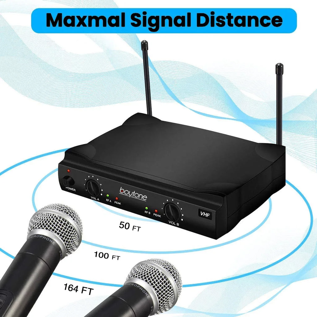 Dual BT-42VM VHF Mic System - Transmitter Receiver, Carrying DJ, Fixed Dual for Wireless Dynamic Boytone Karaoke, Wireless Handheld Channel Mics, Conference, Microphone Frequency 2 Church, Cases