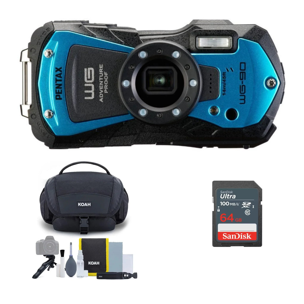 Compact WG-90 Memory (Blue) PENTAX Kit 64GB Accessory with Cleaning Bundle Card and Bag Camera