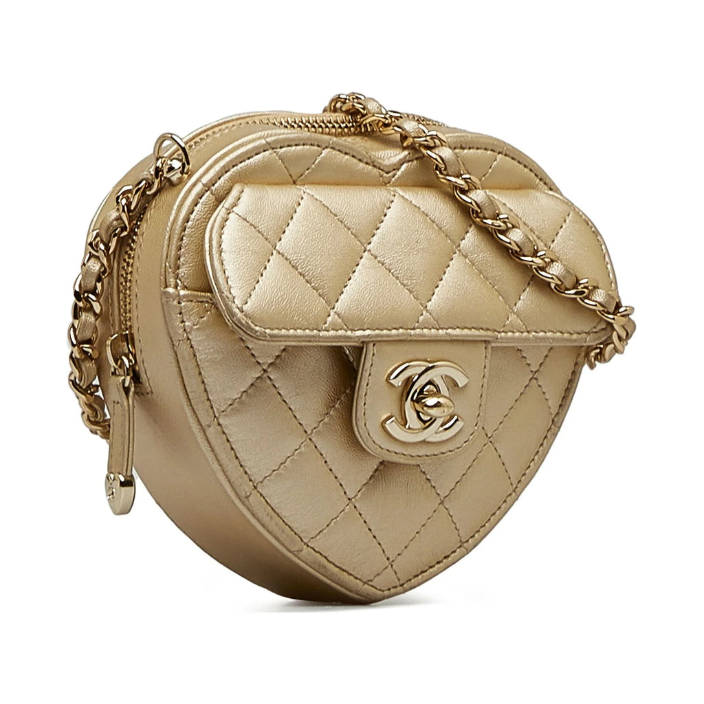 Authenticated Heart Mini Pre-Owned Bag Gold Unisex in CC Crossbody Crossbody Lambskin Love Chanel (Good) Leather