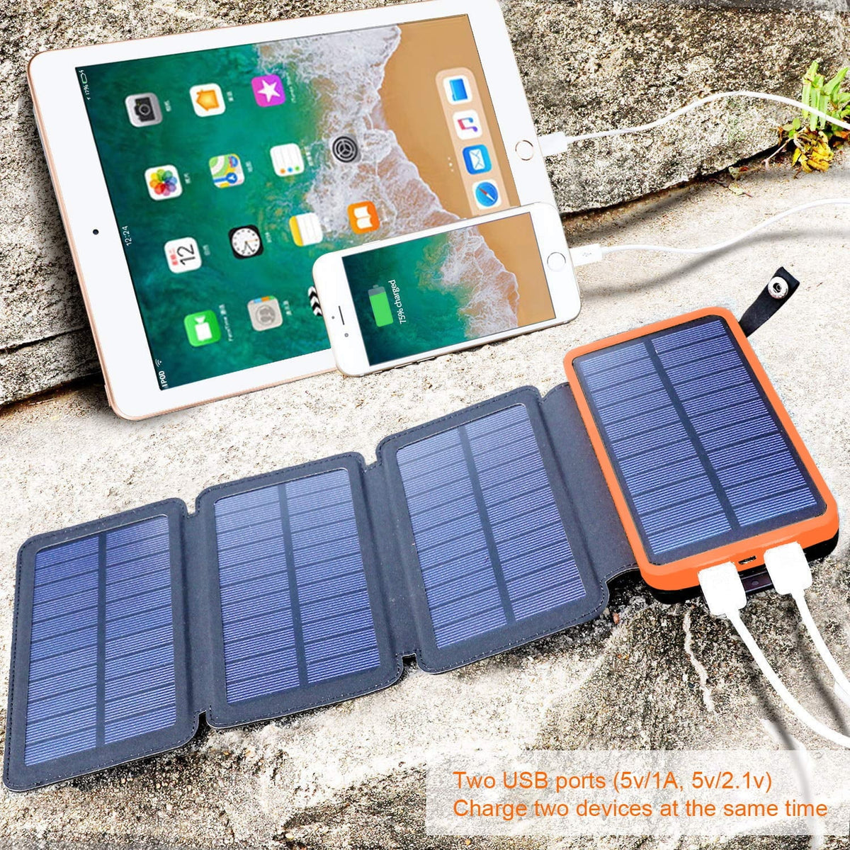 Bank Camping Hiking Charger 30000mAh (Orange) Solar Portsfor with 5V Solar 4 Portable Light Panels, LED SOLPOWBEN Dual USB Flashlight, Outdoor Power