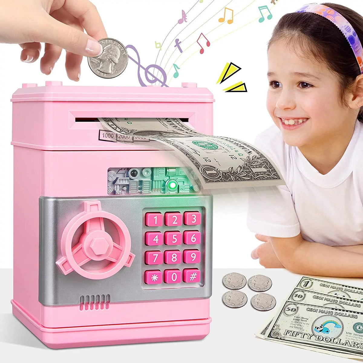 ATM (Pink/Silver) Toy Coin Kids Password Bank for ATM Boys Cash Adult Bank Gifts Electronic Savings Machine Real Money Box Safe Digital Money Girls Piggy Savings Kids Saving Mini
