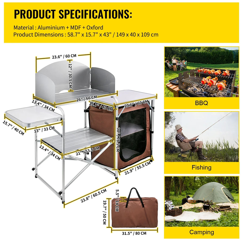 Table Kitchen with Camping, Portable Table Brown 2-Tier, BBQ, Bag for Table Outdoor Cook Camp SKYSHALO Party, Folding Color, Camping Zippered