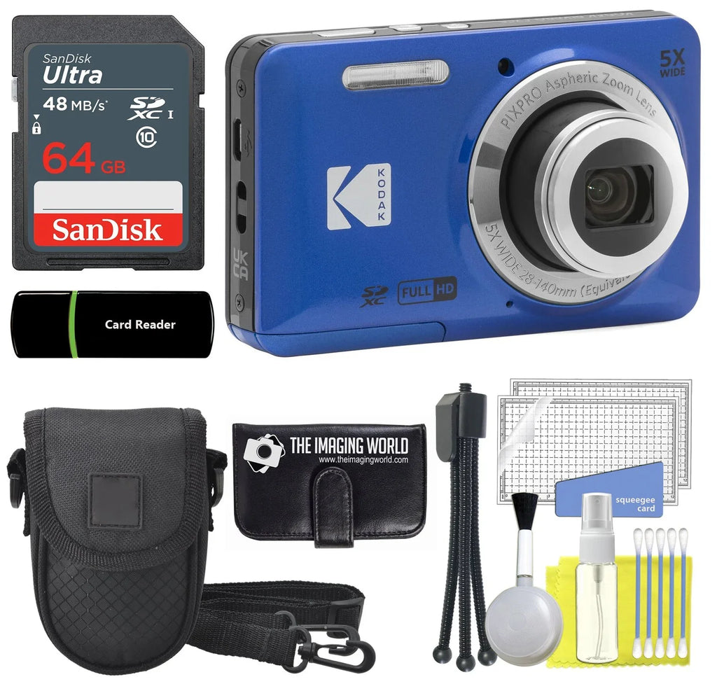 Blue Card Camera 5X Optical 1080P Tripod + 64GB 2.7" 16MP Zoom Memory Digital Full 28mm Kodak + LCD Case Camera HD FZ55 PIXPRO Reader Bundle + Cleaning and + Wide + Angle Video Wallet