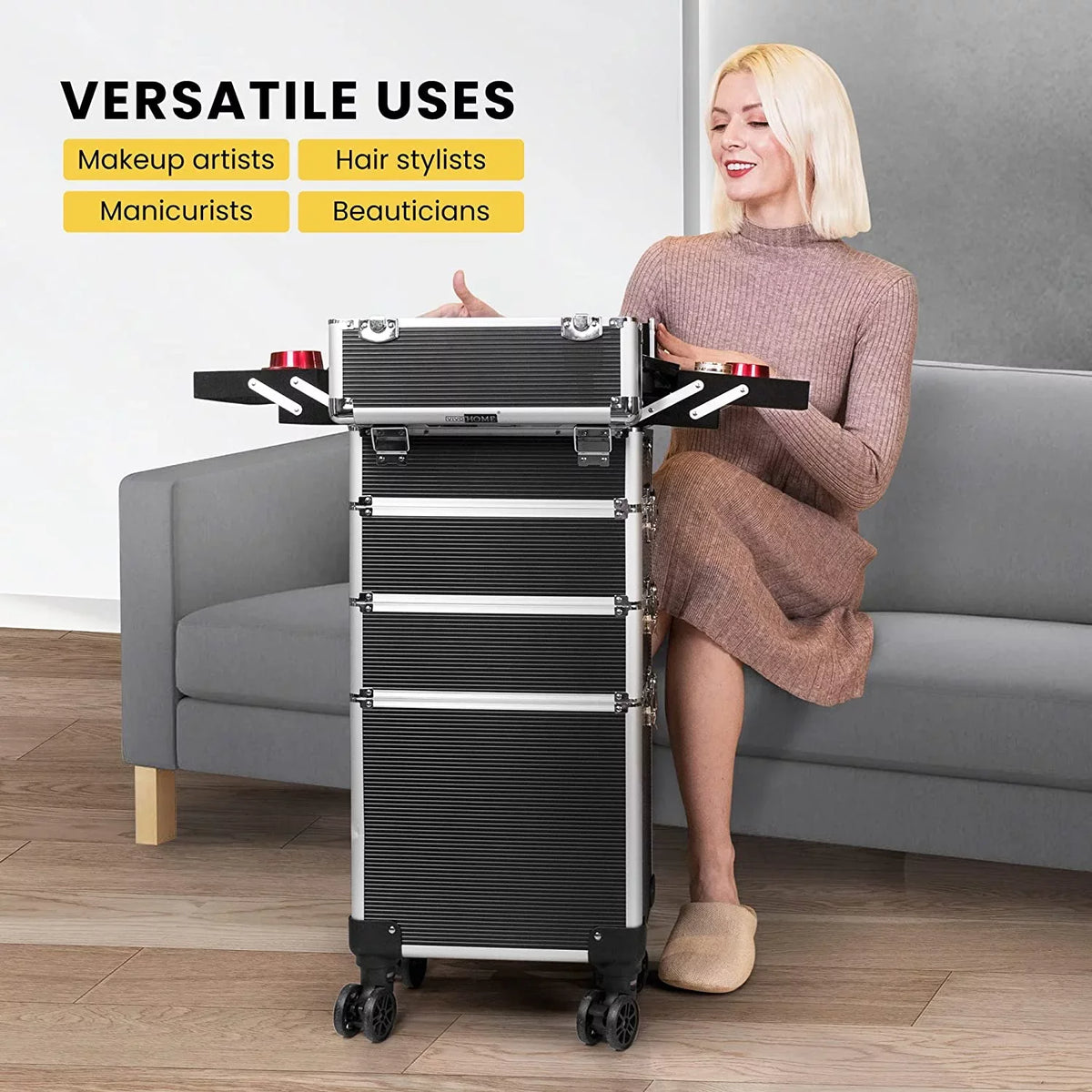 Makeup Straps Rolling Box Shoulder 1 2 Train Professional Case VIVOHOME in are Cosmetic Keys Aluminum not with Black(Cosmetic 4 Organizer Trolley included)