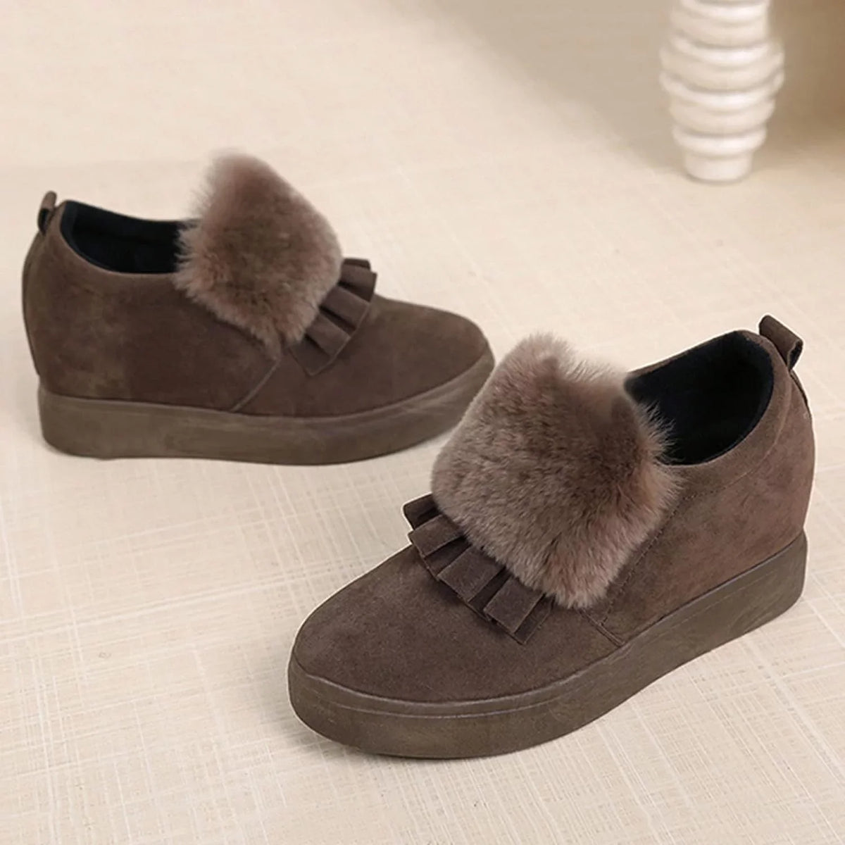 Shoes Winter Ankle Autumn Vintage Boots Furball Wedges Thicksoled Womens Embellished Boots Classic Fashion Cotton