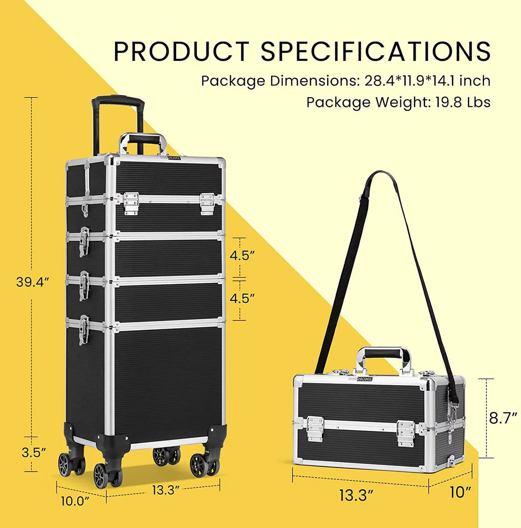 Makeup Straps Rolling Box Shoulder 1 2 Train Professional Case VIVOHOME in are Cosmetic Keys Aluminum not with Black(Cosmetic 4 Organizer Trolley included)