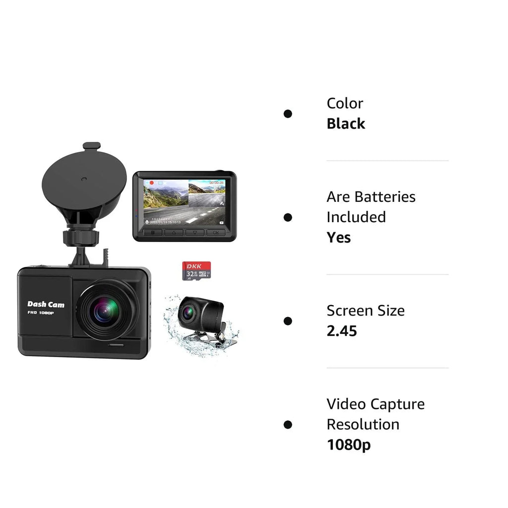Parking Mini Card, Car,Motorcyle,Balls Dash Recording, Dash Cam Vision, and Rear, Loop 32GB 2.45 2 Screen, Accident inch Monitor with IPS Front Cam Night Ways, Mounting HD SD 1080P WDR, Lock, Full
