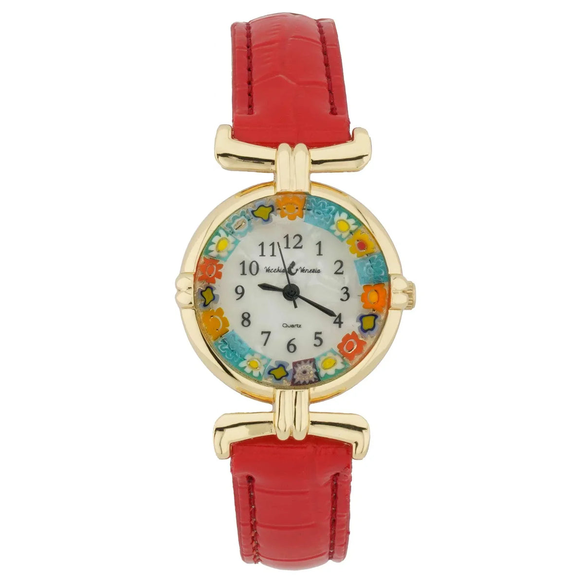 Murano - GlassOfVenice with Leather Glass Millefiori Multicolor Band Watch Red